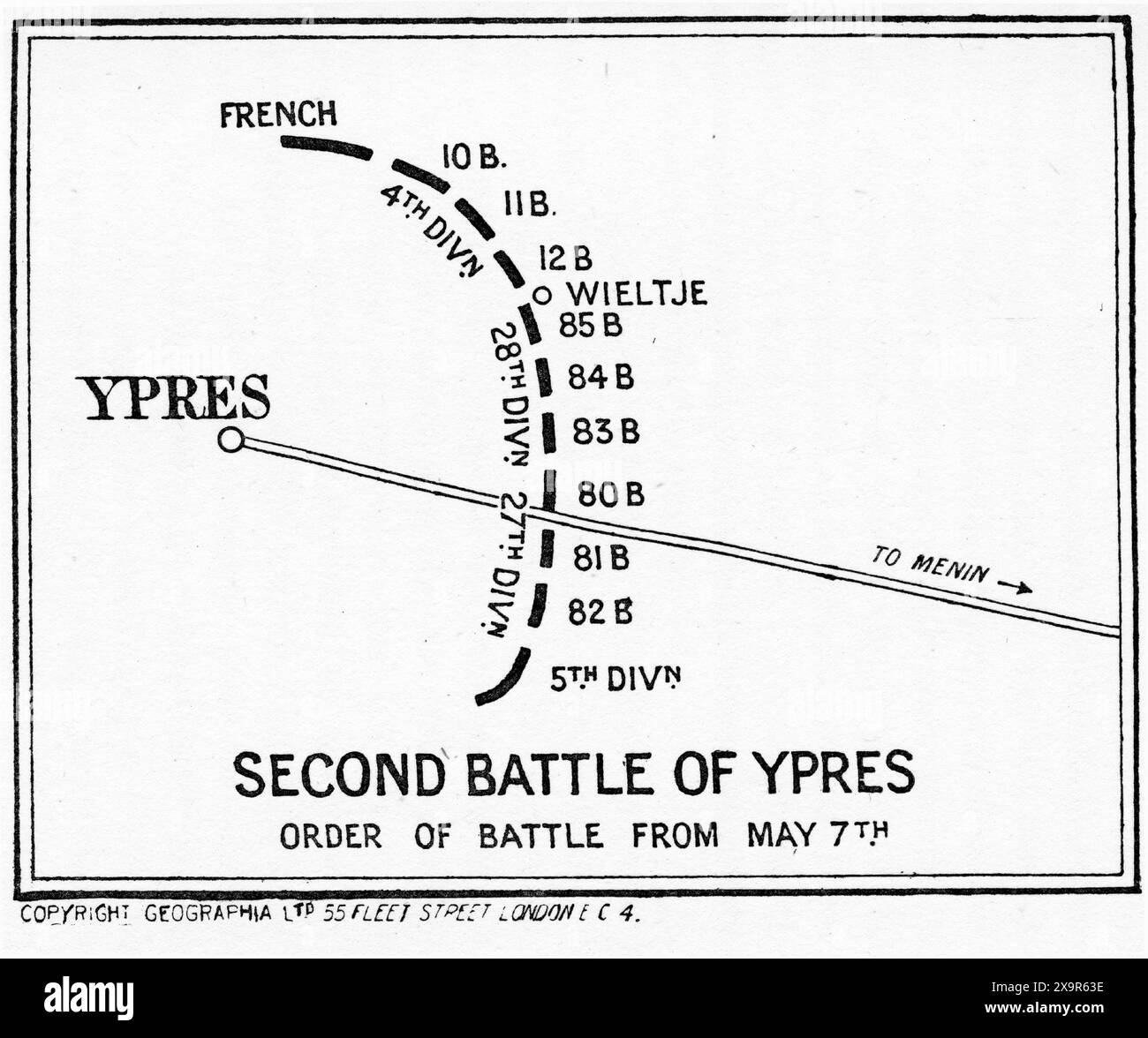 Mappa della seconda battaglia di Ypres in Francia durante la prima guerra mondiale. Dalla campagna britannica in Francia e nelle Fiandre di Arthur Conan Doyle, 1915. Foto Stock
