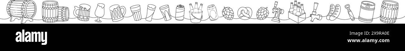 Il birrificio imposta un disegno continuo di una linea. Barili, lattine, tazze, fusto in metallo, apribottiglie, salsicce, rubinetto, cono hop continuo su una linea. Illustrazione Vettoriale