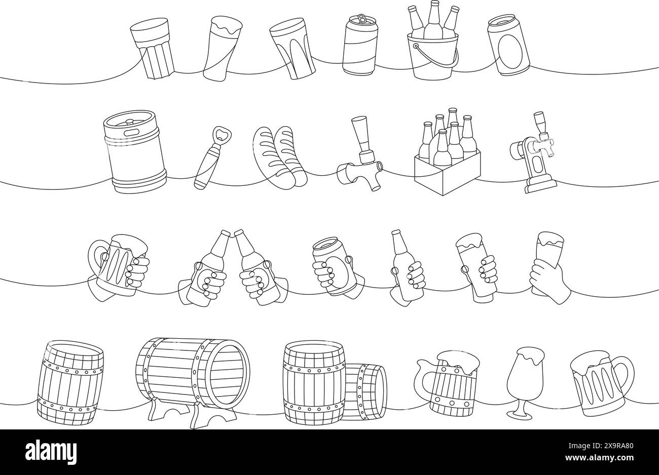 Birra pub a una fila con disegno continuo. Barili, lattine, tazze, fusto in metallo, apribottiglie, salsicce, rubinetto, cono hop continuo su una linea Illustrazione Vettoriale