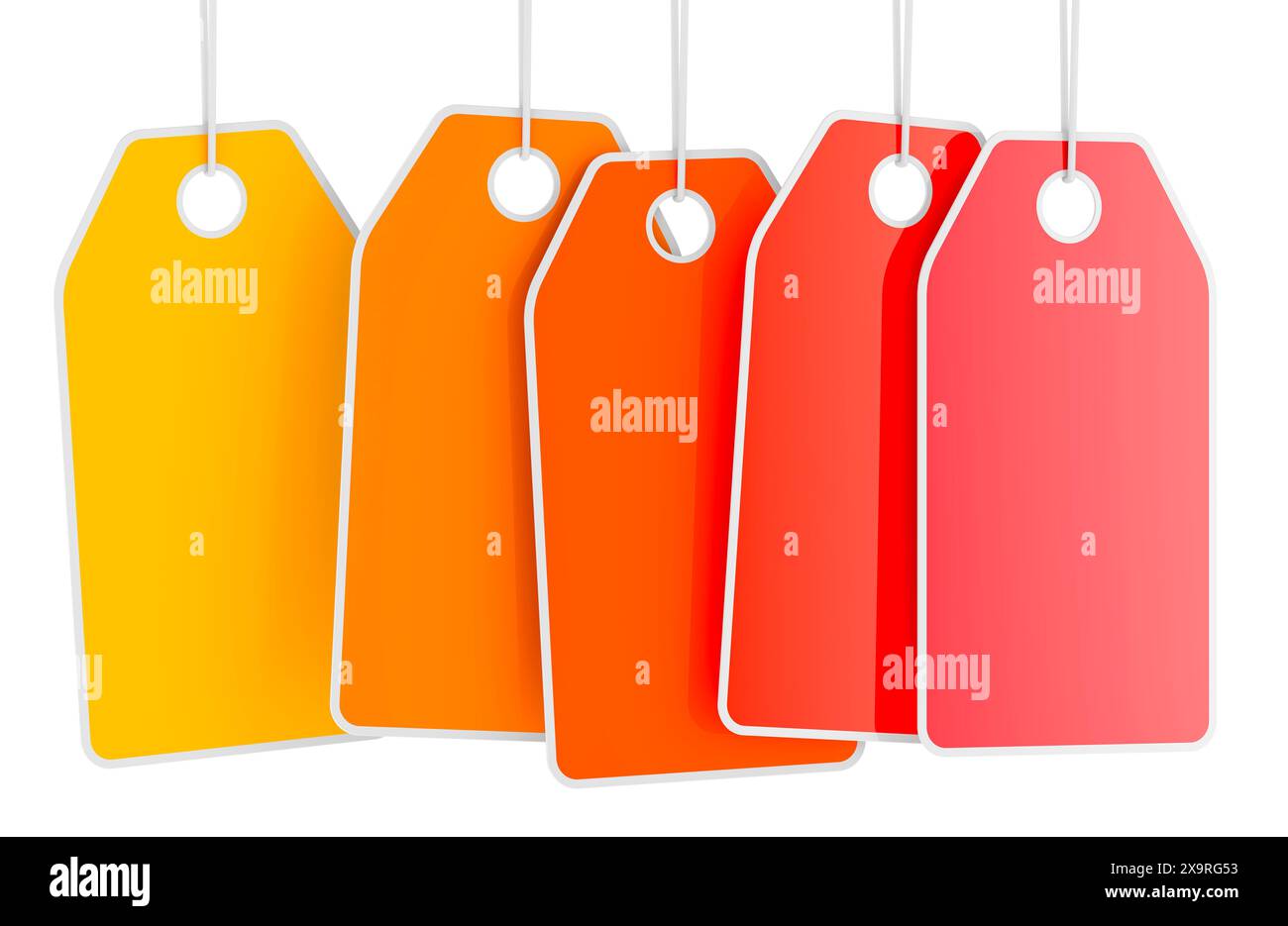 Appendere cartellini di vendita, giallo, arancione e rosso. Rendering 3D isolato su sfondo bianco Foto Stock