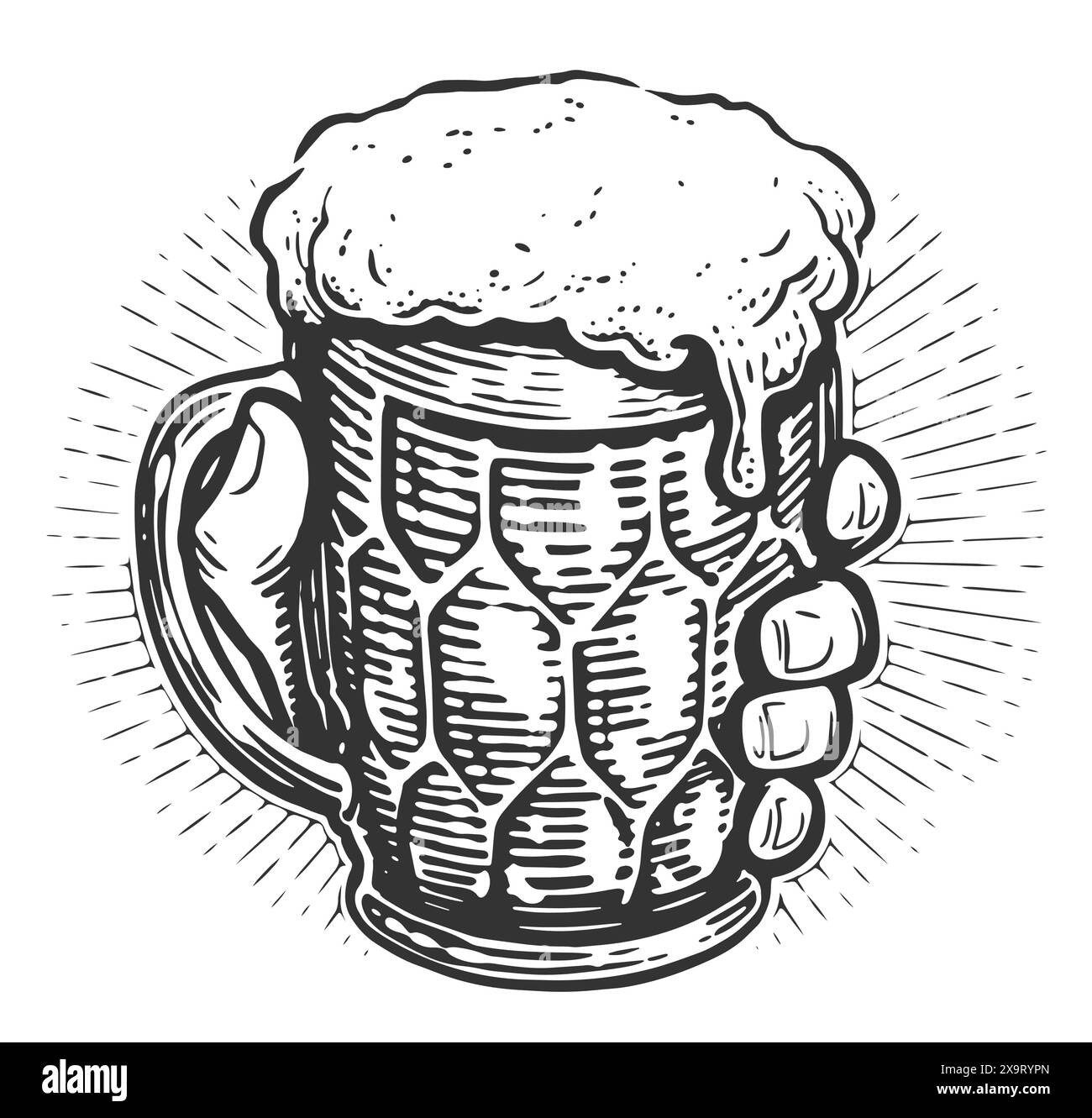 Tazza di vetro di birra schiumosa in mano. Pub, emblema del birrificio. Illustrazione vettoriale disegnata in stile vintage Illustrazione Vettoriale