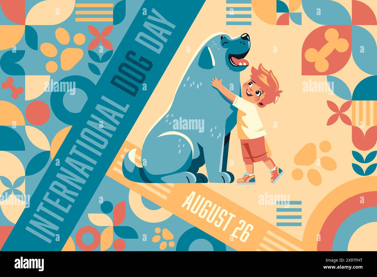 Poster per la giornata internazionale dei cani con bambini che abbracciano il cane in stile Bauhaus Illustrazione Vettoriale