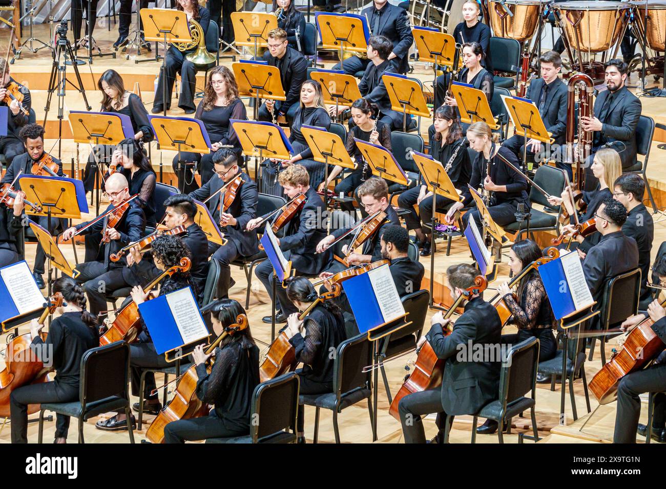 Miami Beach, Florida, New World Symphony NWS Center, architetto Frank Gehry, interni interni interni, uomo uomo uomo, donna donna donna donna, adulto Foto Stock