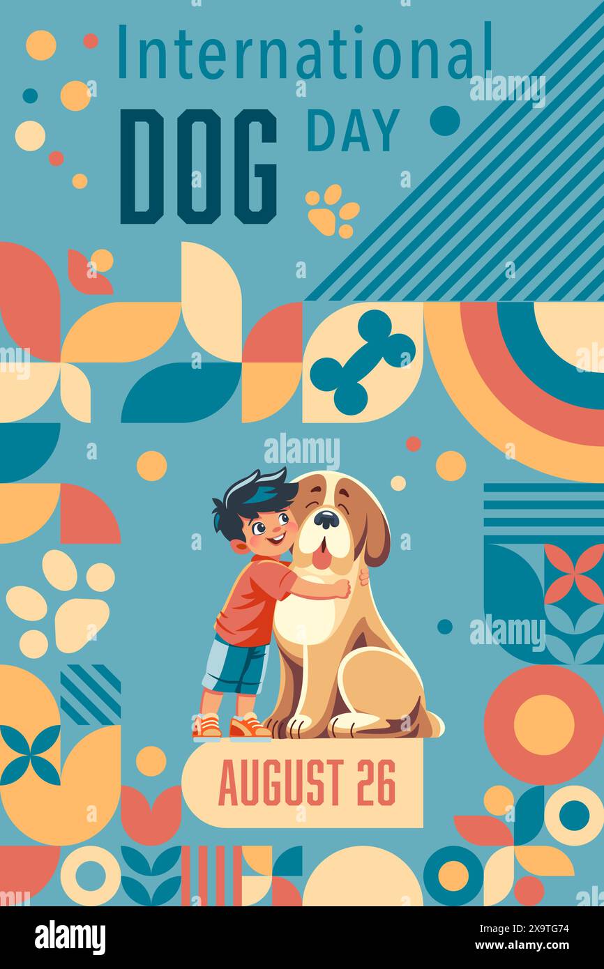 Poster per la giornata internazionale dei cani con bambini che abbracciano il cane in stile Bauhaus Illustrazione Vettoriale