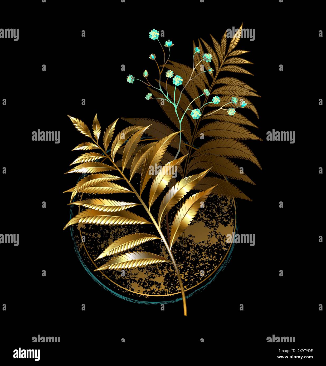 Cerchio testurizzato con composizione floreale di gioielli dorati rami di felce e rametto di menta gypsophila su sfondo nero. Felce dorata. Illustrazione Vettoriale