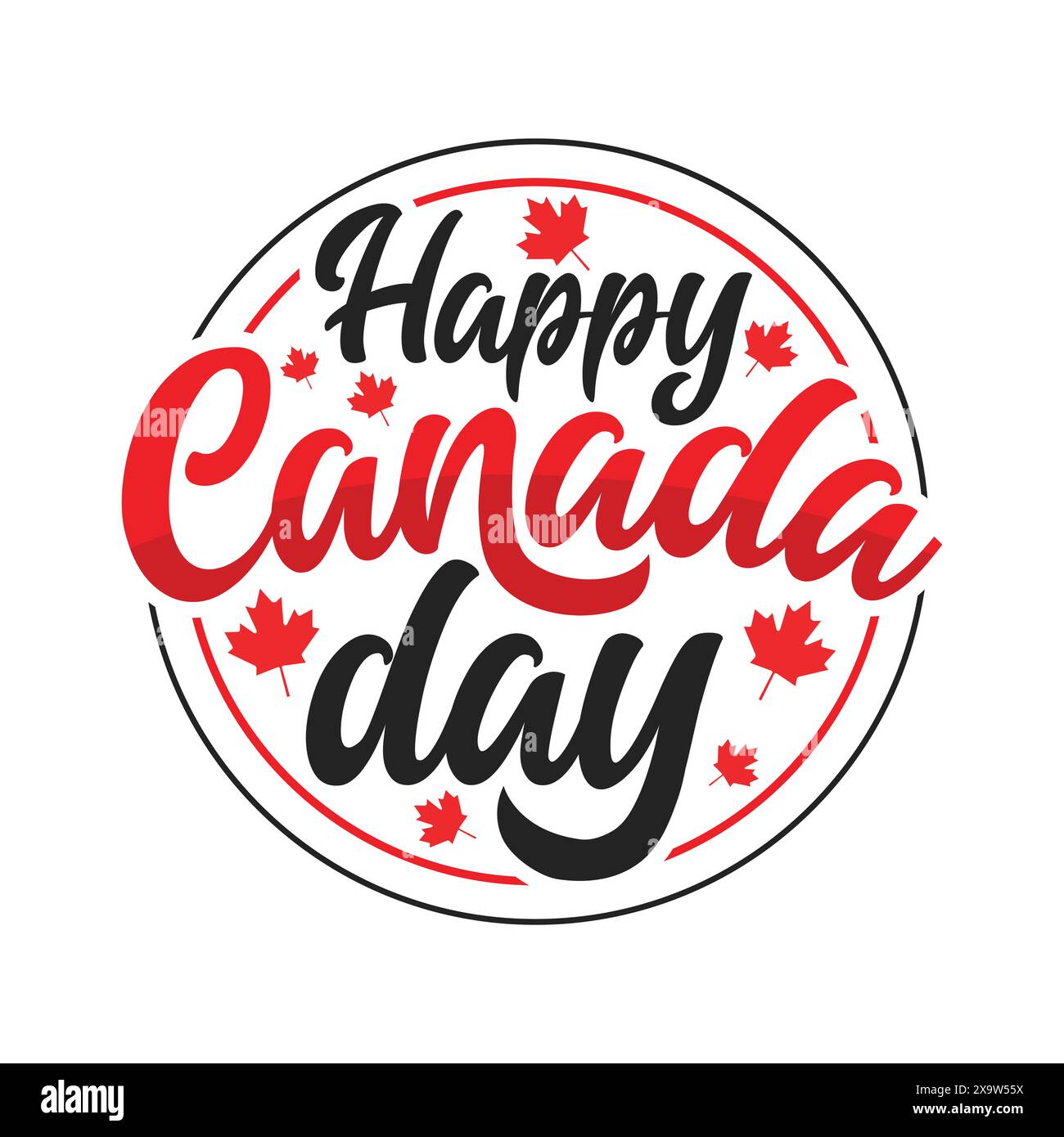 Buon Canada Day calligrafia disegnata a mano con foglie d'acero in cerchio. Illustrazione tipografica vettoriale buona giornata del Canada. 1 luglio giorno dell'indipendenza Illustrazione Vettoriale