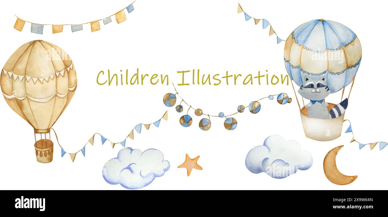 Set di acquerelli in mongolfiera con simpatici procioni, ghirlande, bandiere, stelle, nuvole, luna. Illustrazione per bambini. Per la stanza dei bambini, la cornice, il poster Foto Stock