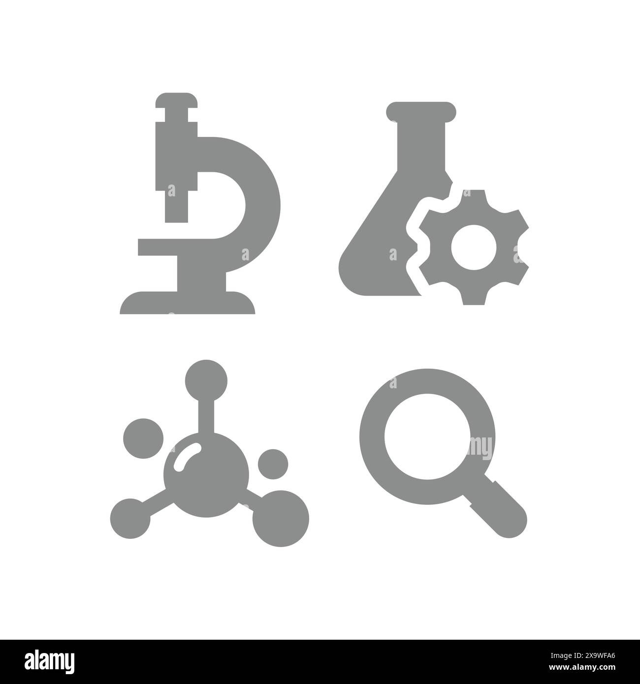 Set di icone chimiche e vettoriali scientifici. Provette, microscopio, icone di ricerca e scoperta. Illustrazione Vettoriale