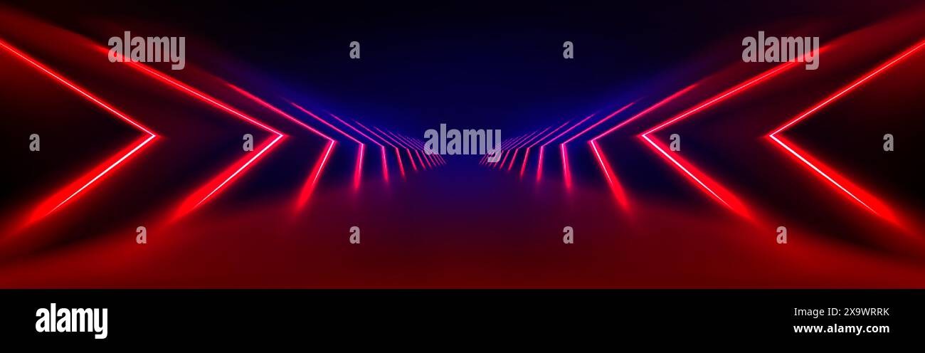 Tunnel luminoso a LED rosso su sfondo nero. Illustrazione vettoriale realistica dell'illuminazione astratta dell'arco al neon che si illumina su un palcoscenico scuro, corridoio del fascio laser Illustrazione Vettoriale