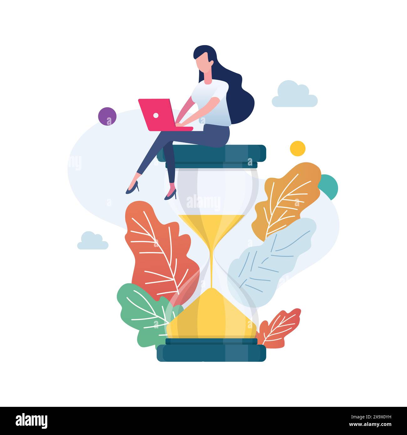 Donna seduta su una clessidra e che lavora su un notebook. Concetto di gestione delle scadenze e dei tempi. Illustrazione vettoriale in stile piatto. Illustrazione Vettoriale