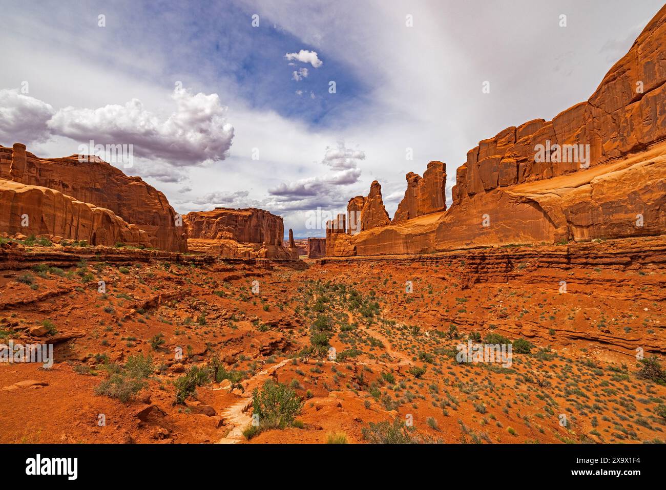 Si tratta di un'ampia vista della spettacolare area di Park Avenue dell'Arches National Park, Moab, Grand County, Utah, USA. Foto Stock