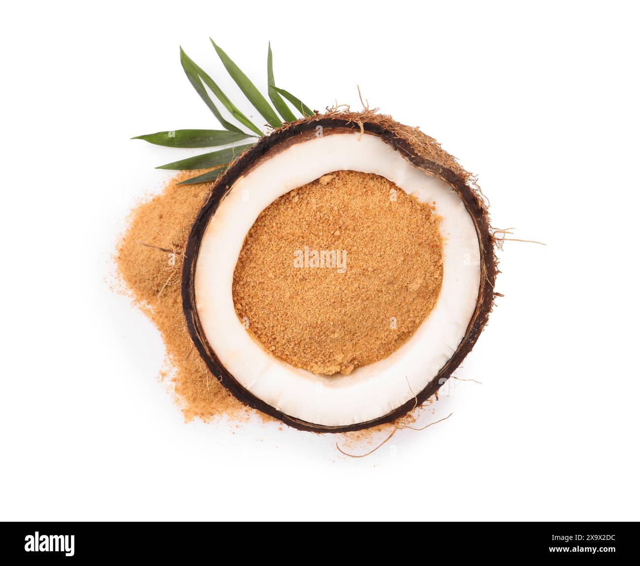 Zucchero di cocco, frutta e foglie di palma isolate sul bianco, vista dall'alto Foto Stock