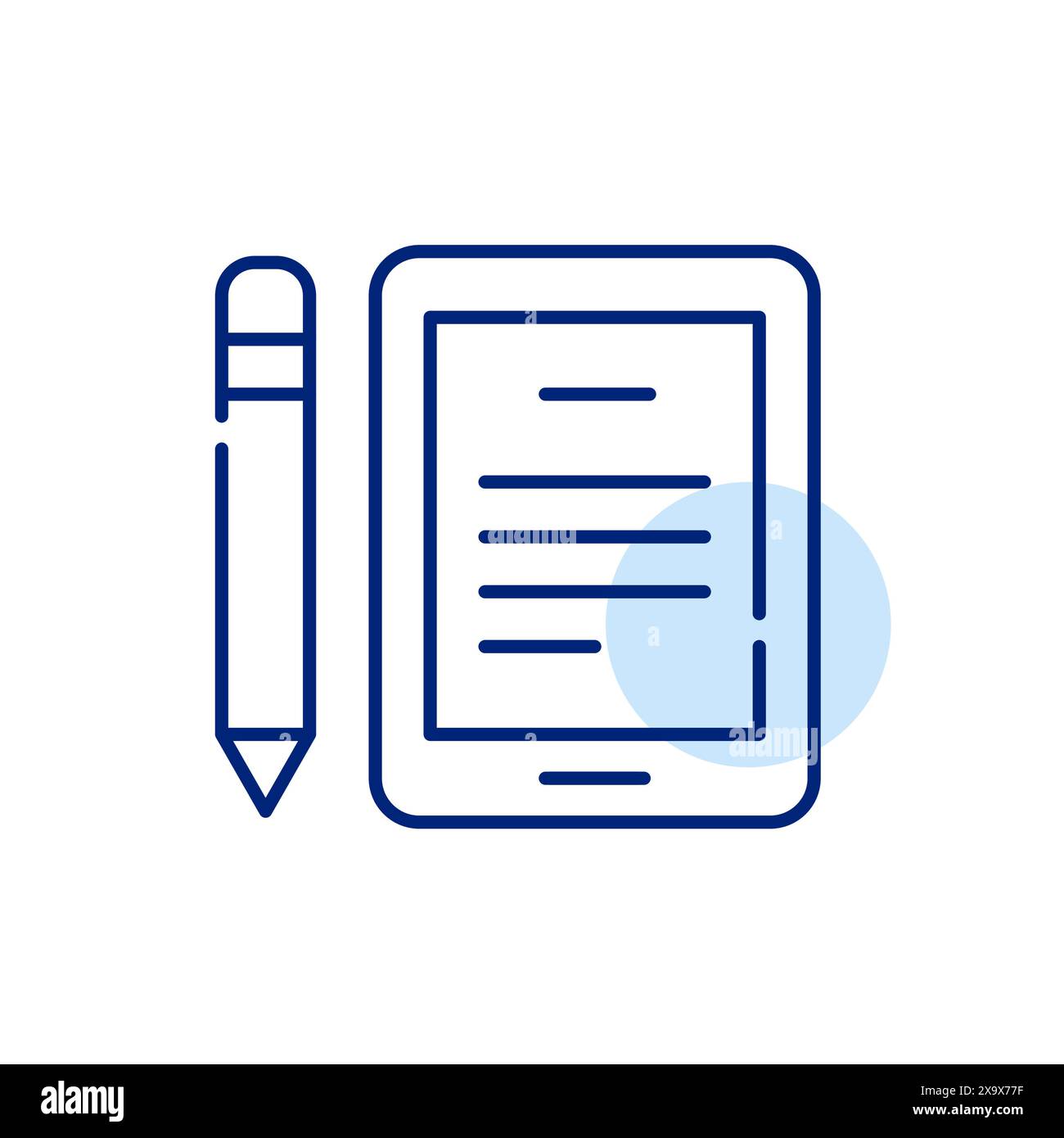 Tavoletta elettronica e matita con testo. Scrittura digitale e prendere appunti. Pixel Perfect, icona traccia modificabile Illustrazione Vettoriale