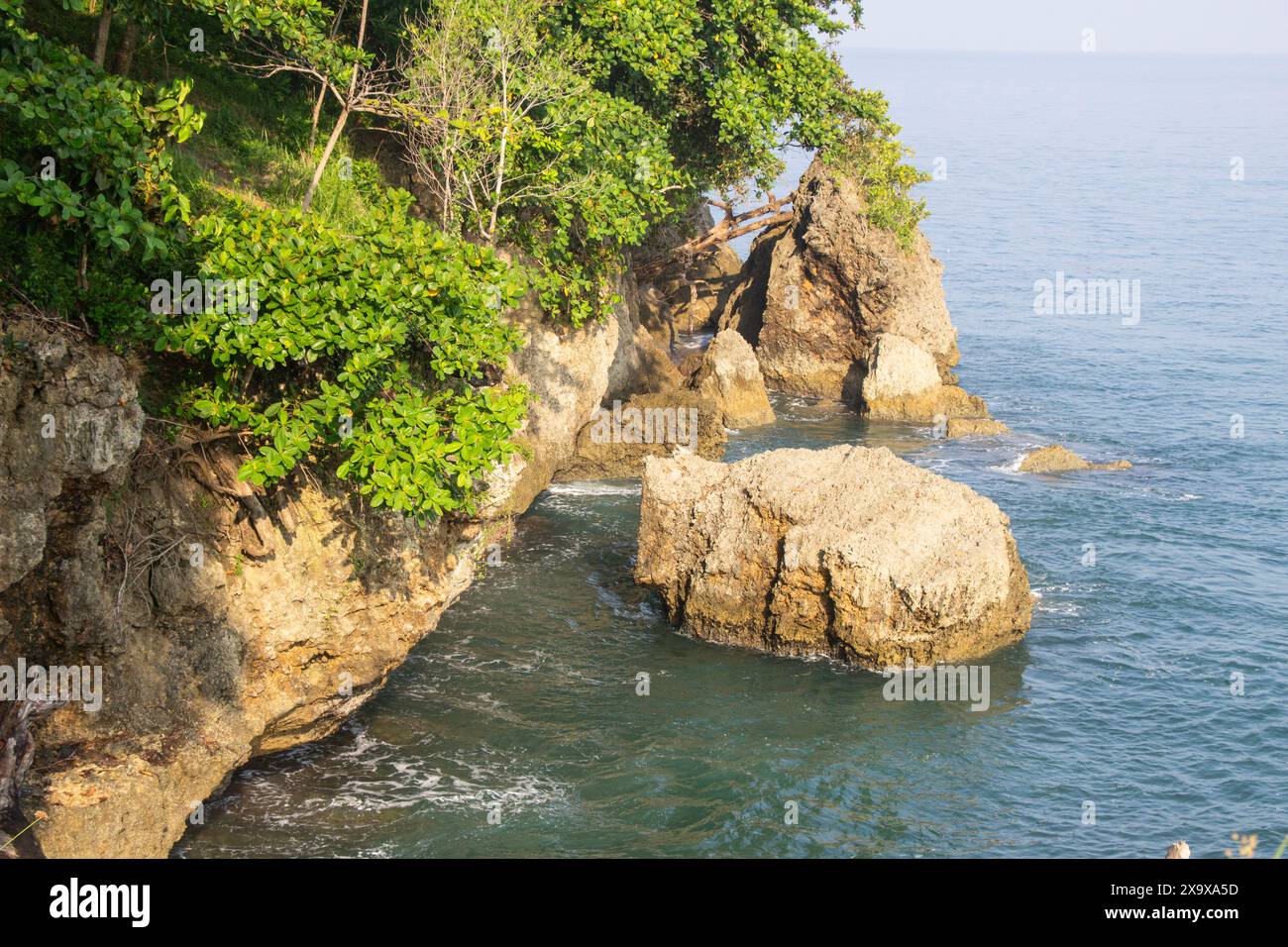 L'aspetto del bordo della scogliera sopra la spiaggia con alberi lussureggianti, adatto a zone di pesca, sullo sfondo della scogliera Foto Stock