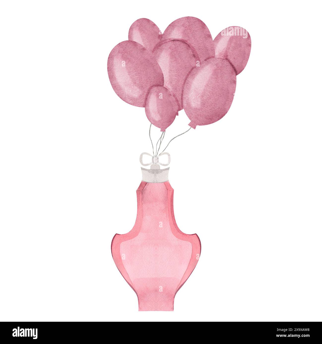 Bottiglia di profumo rosa dall'aspetto vintage con palloncini dipinti a mano in acquerello. Illustrazione di moda su sfondo bianco. Utilizzato per la pubblicazione di poster, cartoline Foto Stock