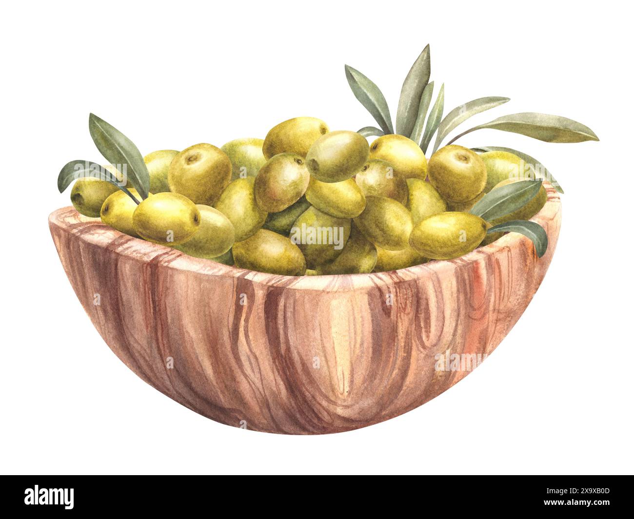 Ciotola di legno con olive verdi. Foglie di oliva acquerello e frutta in un piatto marrone, utensili da cucina ecologici. Illustrazione disegnata a mano. Cibo acquerello Foto Stock