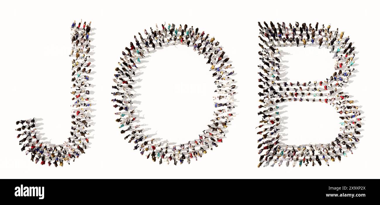 Concetto o grande comunità concettuale di persone che formano parola DI LAVORO. 3d metafora illustrativa per il lavoro, le risorse umane, l'occupazione, il reclutamento, la carriera Foto Stock