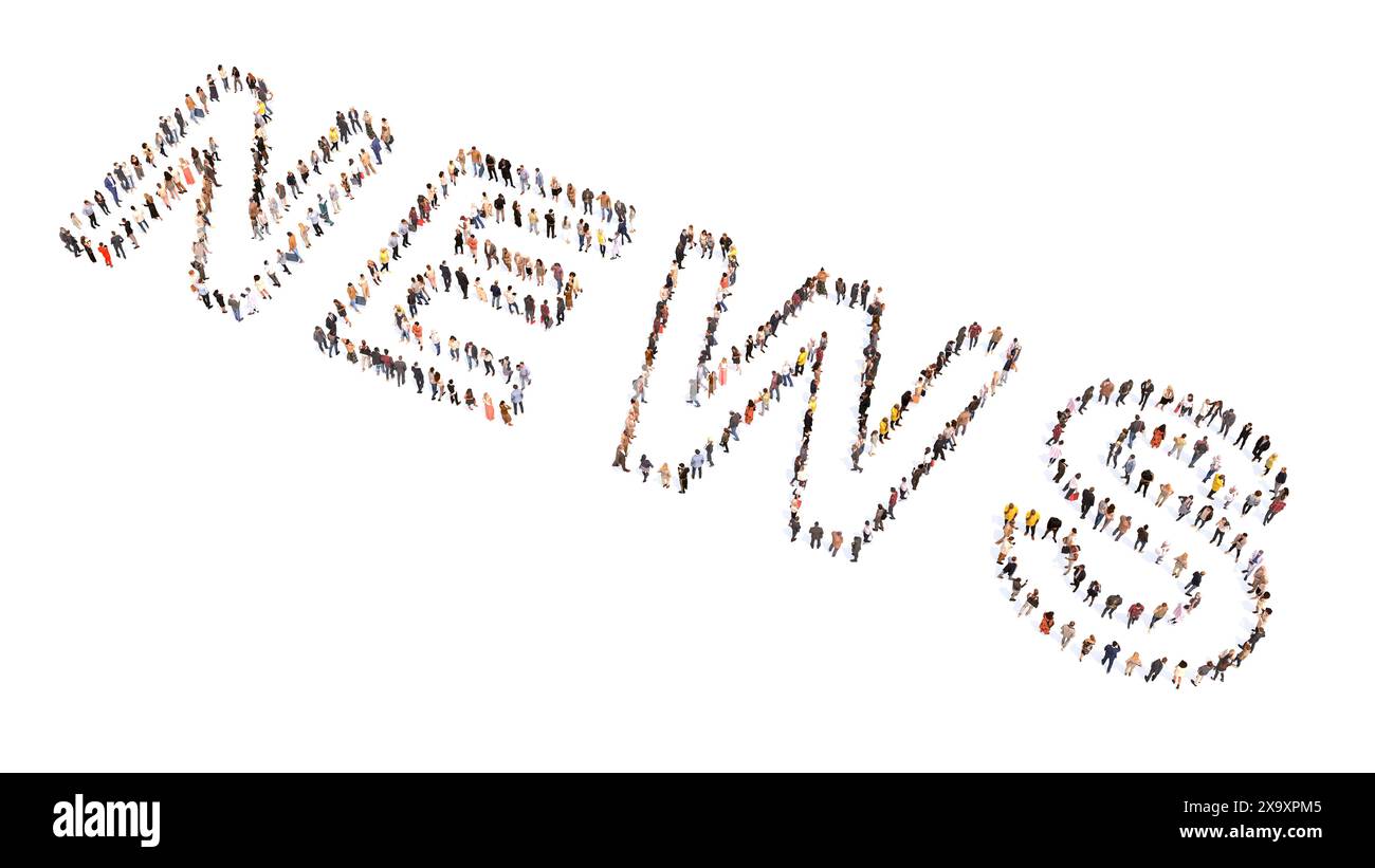 Concetto o grande comunità concettuale di persone che formano la parola NOTIZIE. 3d metafora illustrativa per la comunicazione, i media, la televisione, il giornalismo Foto Stock