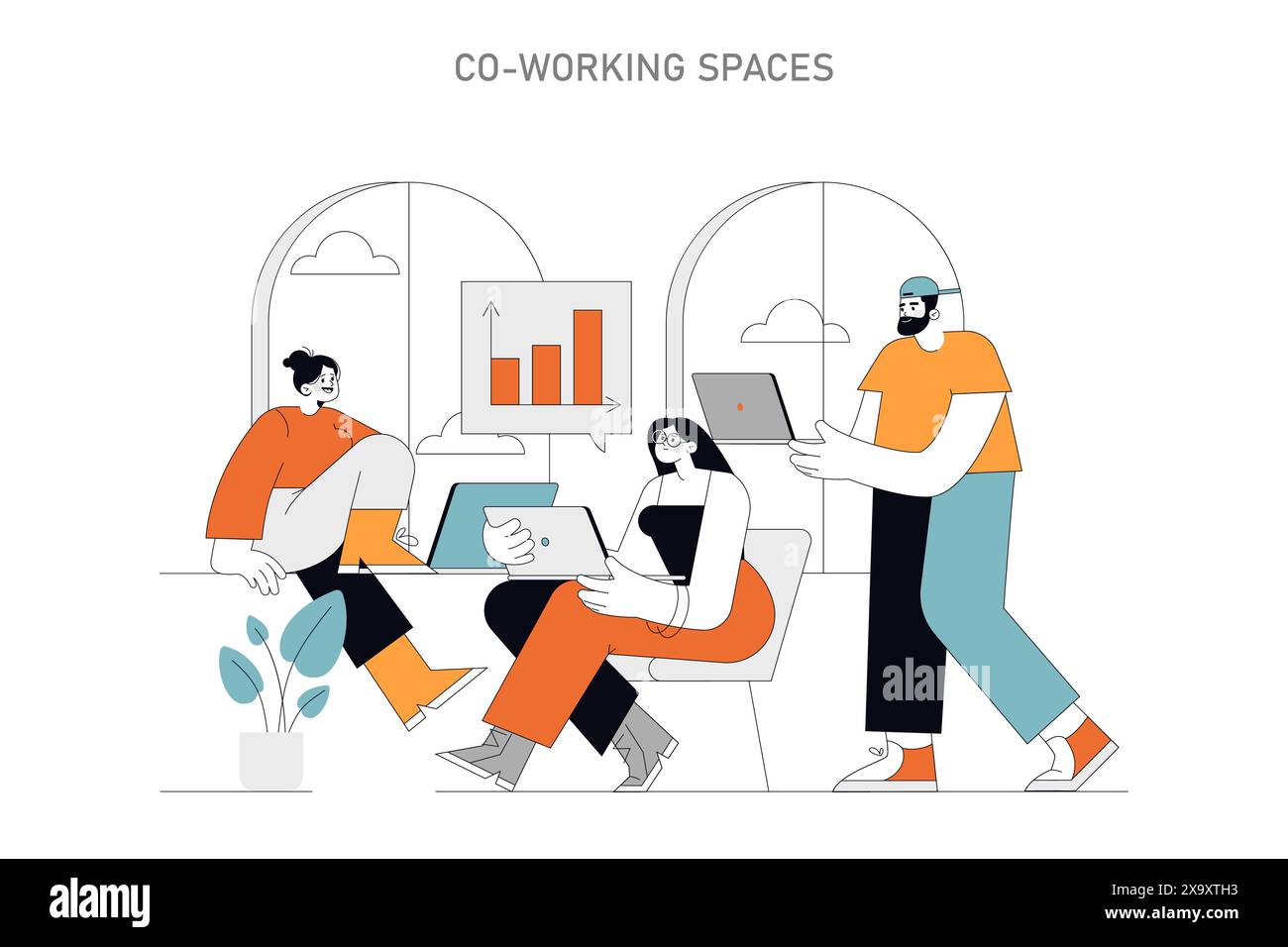 Concetto di spazi di co-working spazi condivisi interattivi e dinamici che favoriscono il lavoro di squadra e la crescita il nuovo volto degli ambienti di lavoro collaborativi illustrazione vettoriale Illustrazione Vettoriale