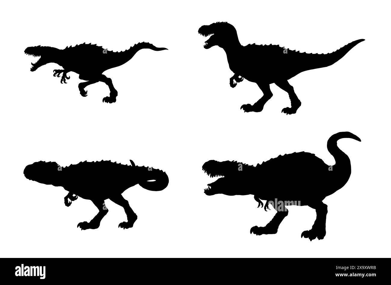 Silhouette nera di dinosauri carnivori. Tyrannosaurus rex, Allosaurus e Giganotosaurus. Foto Stock