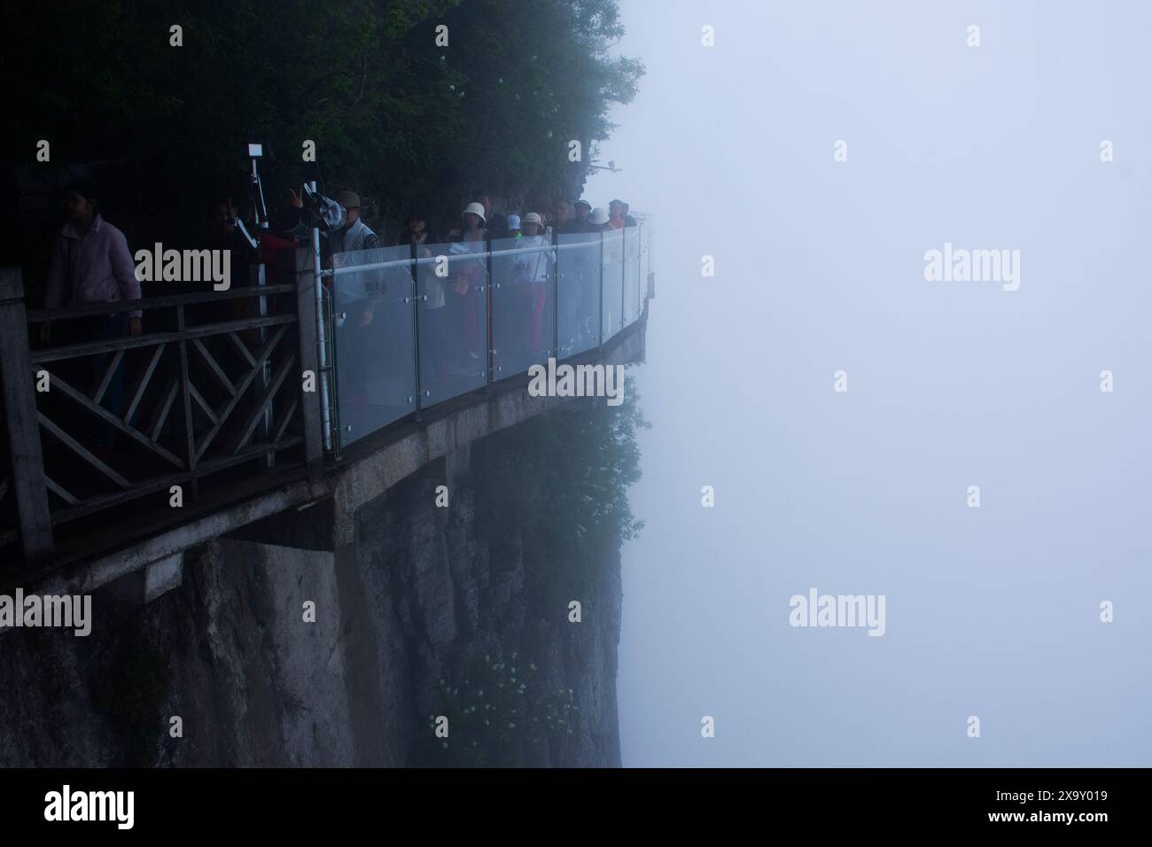 Glass Walkway o Grand Canyon Skywalk a picco sulla scogliera nel Tianmen National Forest Park per i cinesi i viaggiatori stranieri viaggiano a piedi durante la nebbia Foto Stock