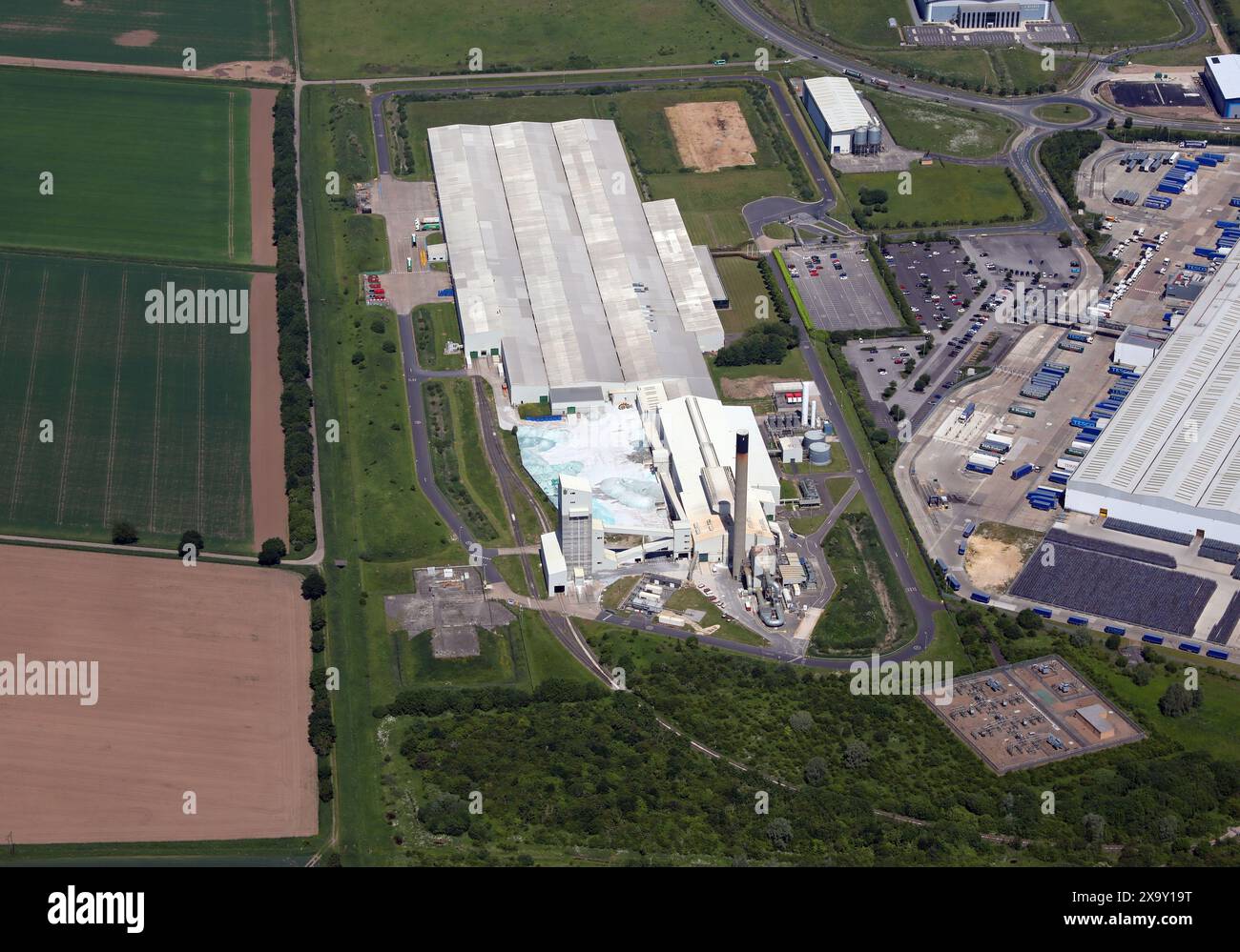 Vista aerea della fabbrica di vetro Guardian, Goole, East Yorkshire Foto Stock