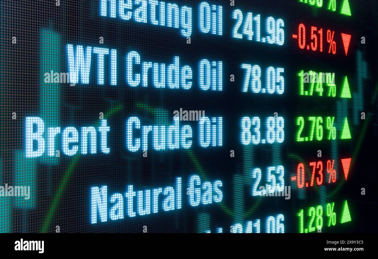 Schermata di trading con prezzi delle materie prime in aumento o in calo come il petrolio greggio Brent, il gas naturale e il prezzo del petrolio riscaldante. Schermata di negoziazione delle materie prime per il mercato azionario e l'energia in borsa. Variazioni dei prezzi del petrolio greggio Brent, del gas naturale e del petrolio riscaldante. Business globale, economia, dati finanziari. img commodity022s01 energy futures trading Foto Stock