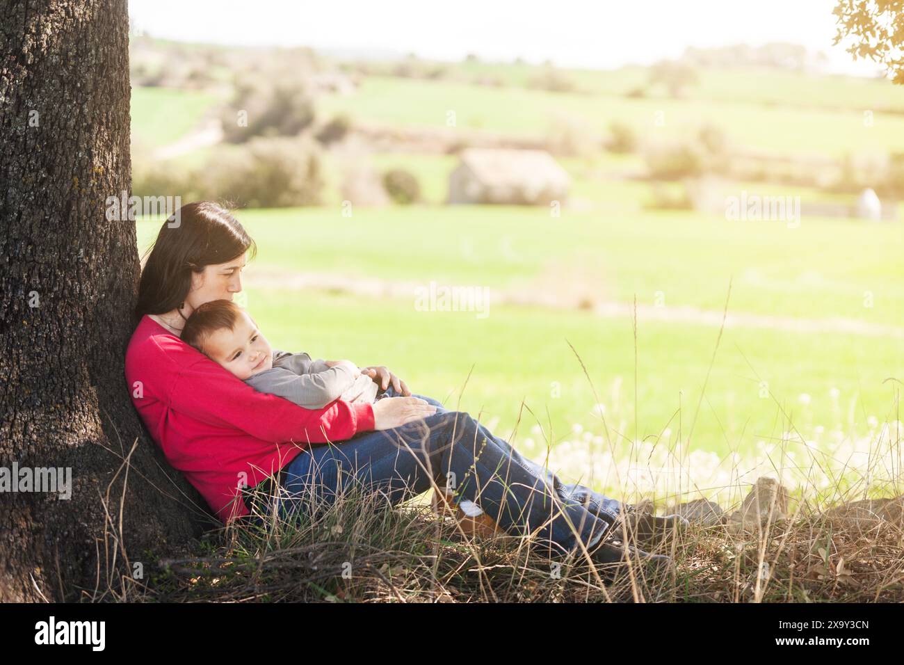 Madre e figlio si rilassano all'ombra di una quercia accanto ad alcuni prati. Tenerezza, famiglia. Foto Stock