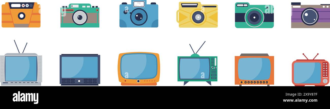 Televisore retrò. Tecnologie multimediali vintage, vecchi elementi tv con schermi e fotocamere. Apparecchiature digitali da studio fotografico, vettore discreto Illustrazione Vettoriale Televisore retrò. Tecnologie multimediali vintage, vecchi elementi tv con schermi e fotocamere. Apparecchiature digitali da studio fotografico, vettore discreto Illustrazione Vettoriale