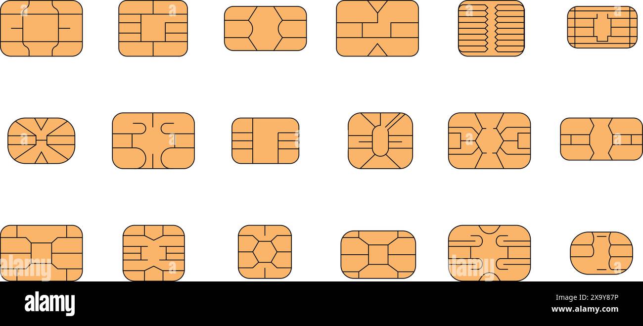 Chip della scheda SIM. Microchip per computer, memoria isolata o dati delle carte di credito. Elementi di pagamento contactless, sicurezza personale in atm, vettore decente Illustrazione Vettoriale
