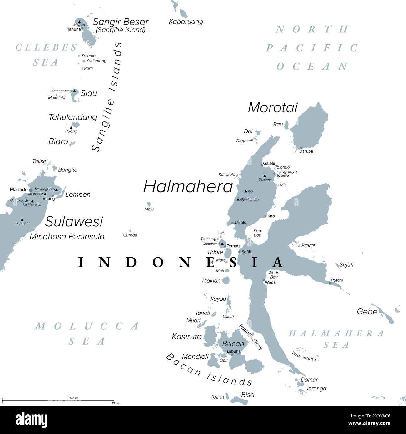 Halmahera, isola in Indonesia, mappa politica grigia. L'isola più grande delle Molucche, o isole Maluku, e parte della provincia di Maluku settentrionale. Foto Stock