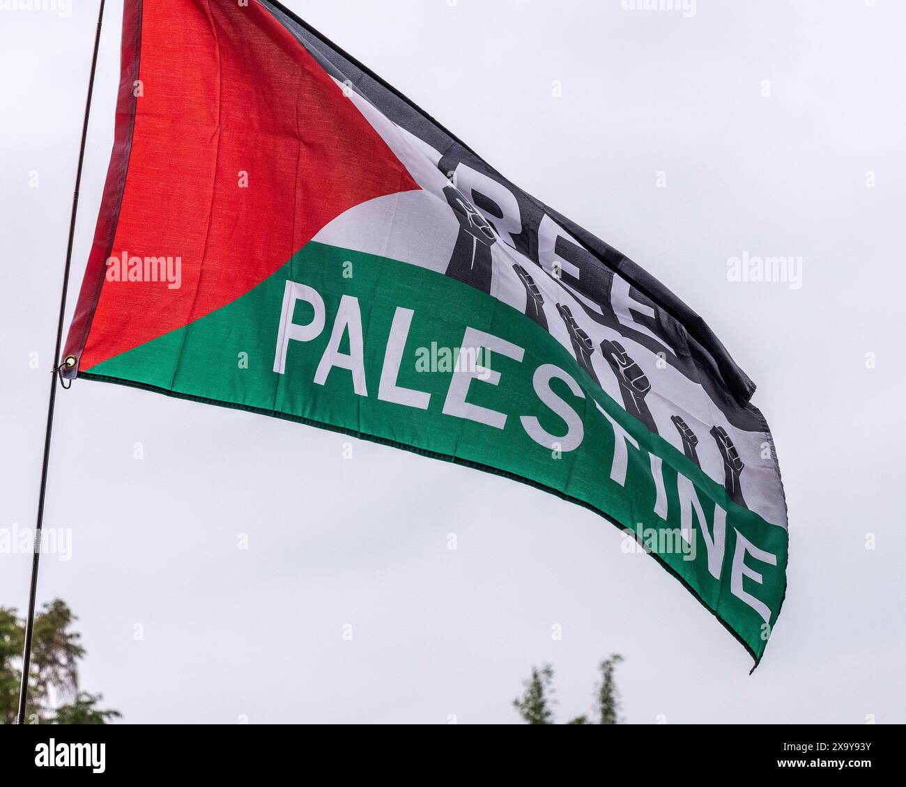 West Hollywood, CA, USA – 1 giugno 2024: Manifestanti pro-palestinesi marciano su Fountain avenue durante il rally "Rise Up for Rafah" a West Hollywood, CA Foto Stock