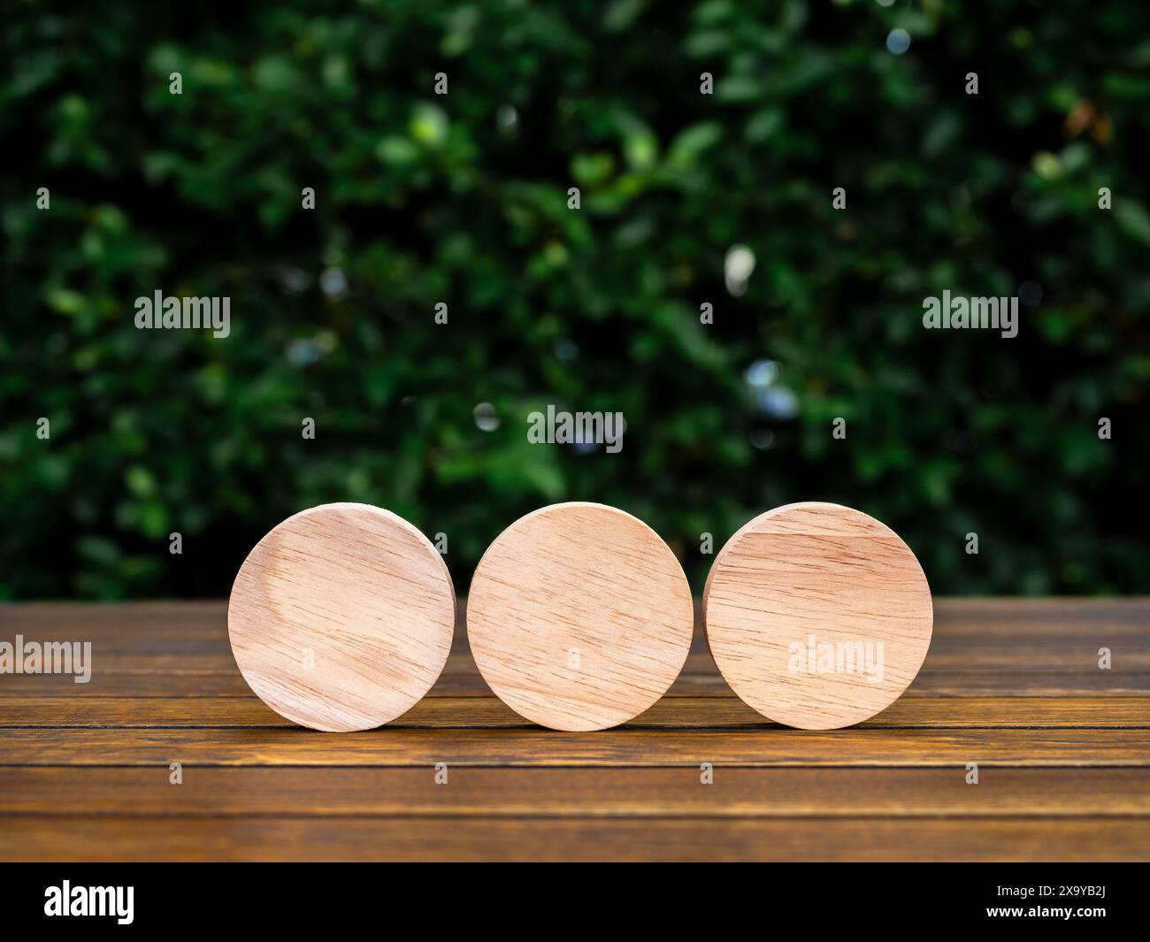 3 blocchi di legno rotondi vuoti su un tavolo di legno su sfondo verde. Tre legno di forma circolare vuoto disposti in riga orizzontale per aggiungere testo o icona Foto Stock