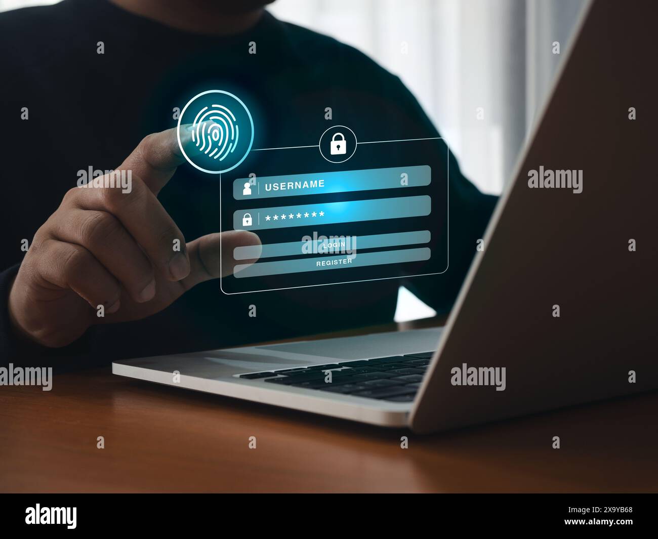 Scansione dell'icona di scansione digitale delle impronte digitali da parte di un uomo d'affari mano all'accesso alla pagina Web schermata virtuale dal computer portatile. Identificazione biometrica, cy Foto Stock