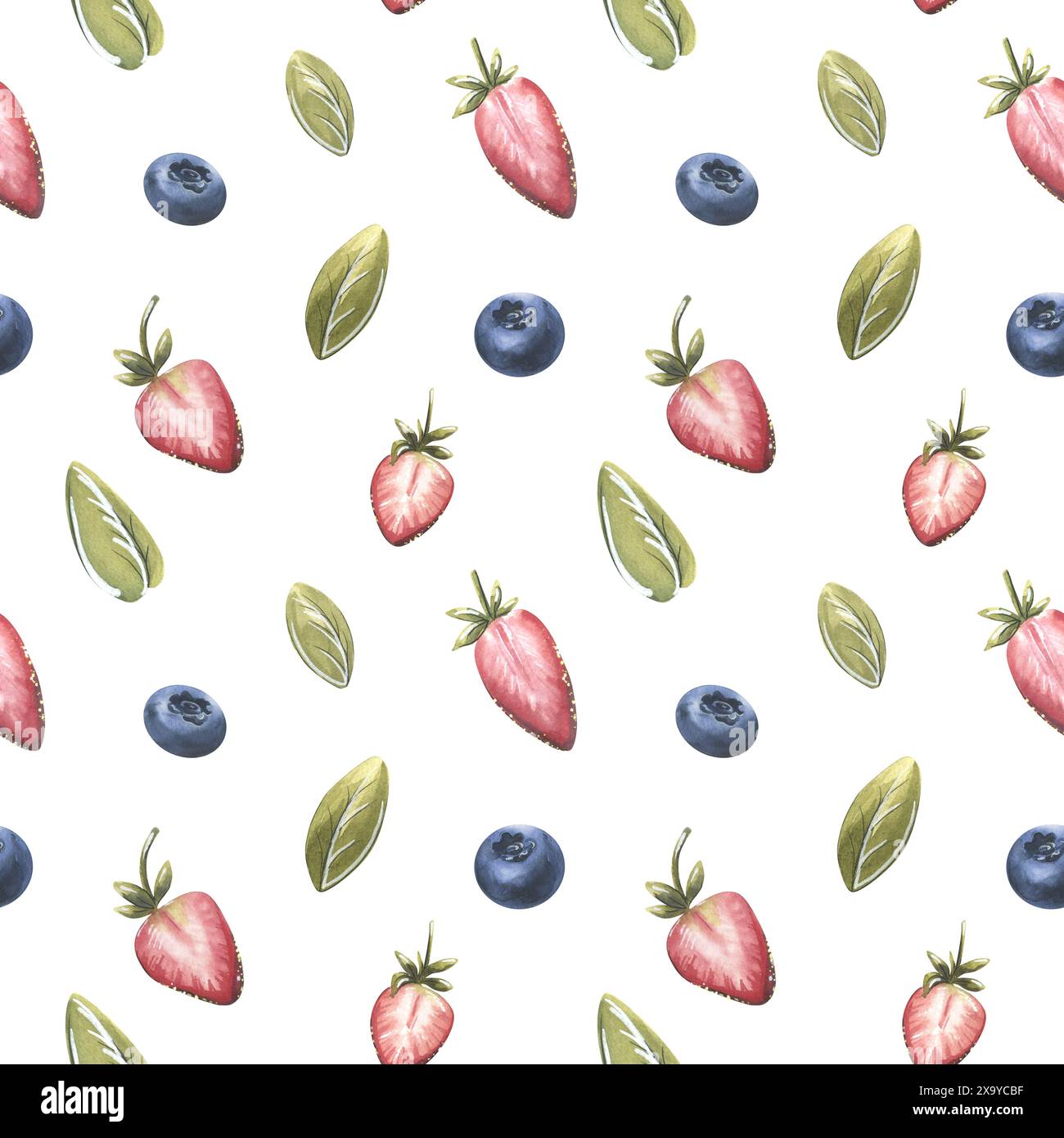 Fragole, mirtilli e foglie su fondo bianco. Illustrazione acquerello. Motivo senza cuciture da un grande set di DOLCI. Per tessuto, cucina Foto Stock