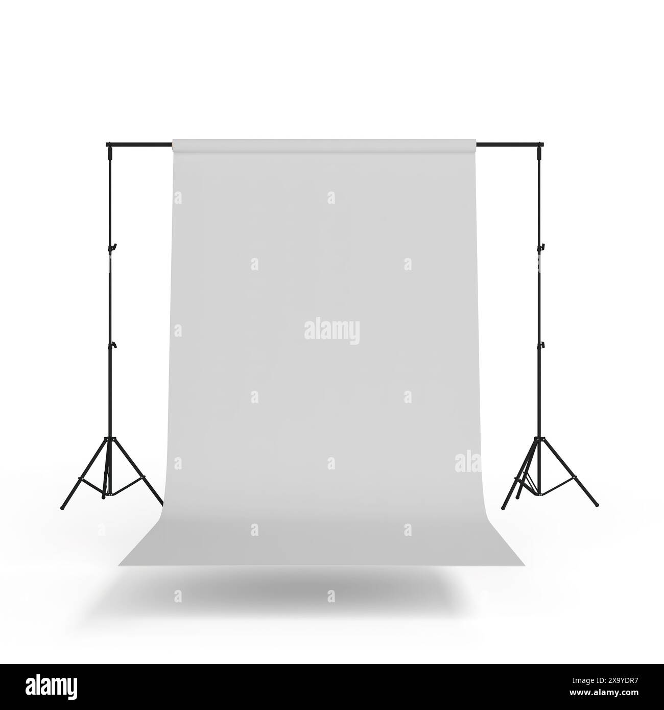 Illustrazione 3D di uno studio fotografico professionale con attrezzatura per l'illuminazione e vari sfondi per sessioni fotografiche Foto Stock