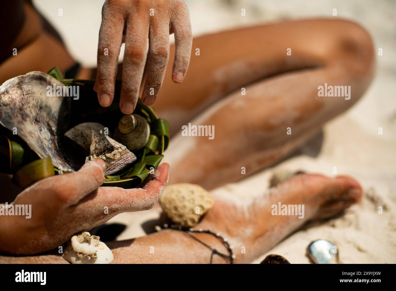 Una persona seduta, che tiene in mano conchiglie di molluschi e un oggetto Foto Stock