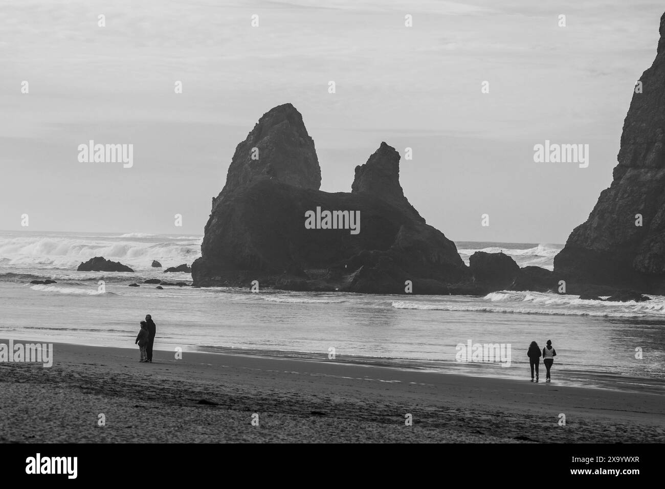 Una vista panoramica di una spiaggia sul mare in una giornata nuvolosa Foto Stock