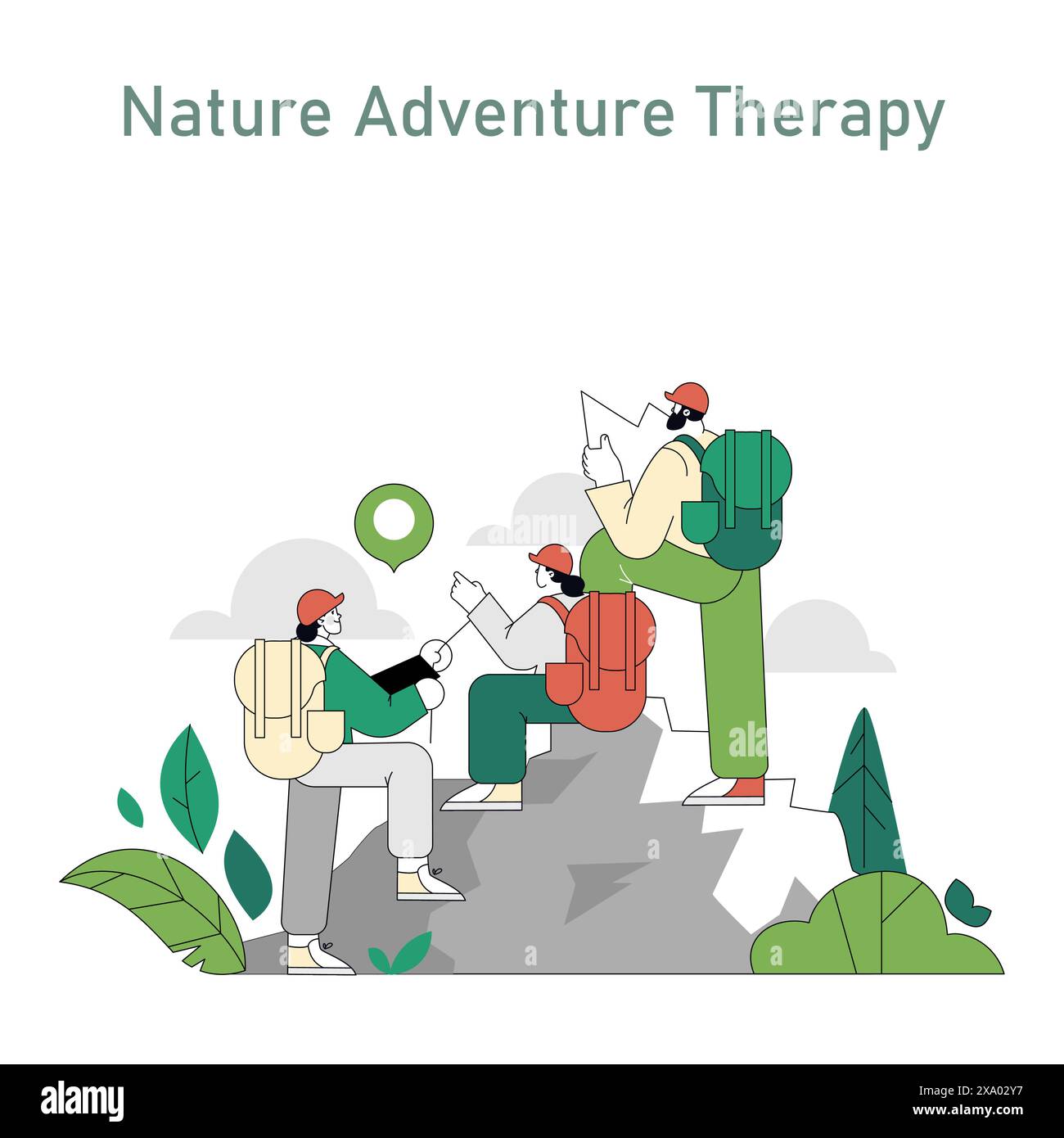 Eco Therapy. Gli escursionisti apprezzano la natura come forma di benessere e avventura, circondati da fogliame e monumenti storici. Esplorazioni all'aperto e benessere. Illustrazione vettoriale. Illustrazione Vettoriale