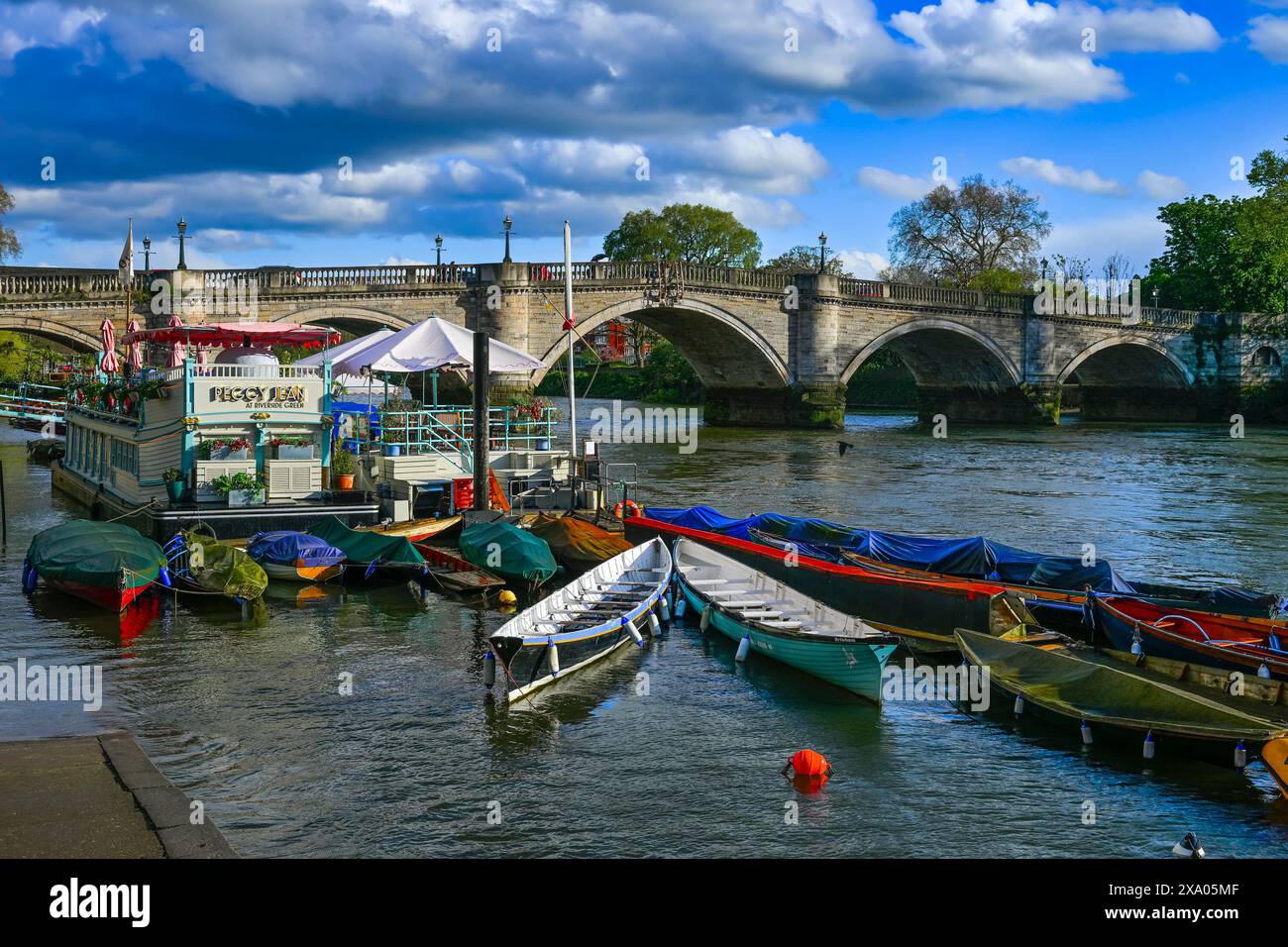 Barche a remi ormeggiate lungo il Tamigi, Richmond, Greater London, England, U. K Foto Stock