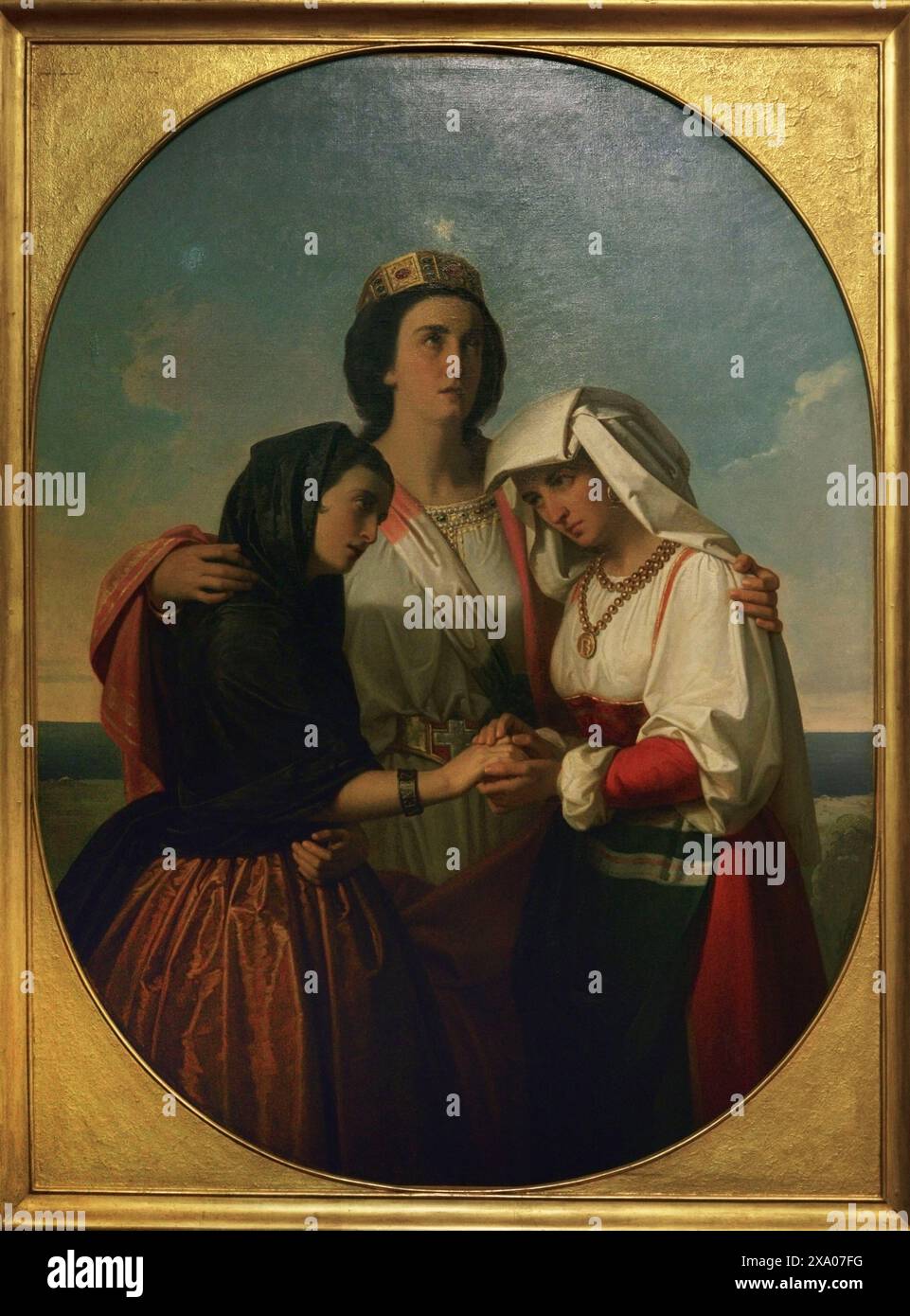 "L'Italia ospita Venezia e Roma." Dipinto allegorico di un artista sconosciuto. Raffigura l'Italia al centro, abbracciando Venezia (a sinistra) e Roma (a destra). Con queste annessioni il Regno d'Italia fu unificato. Olio su tela, seconda metà del XIX secolo. Museo del Risorgimento. Milano. Italia. Foto Stock