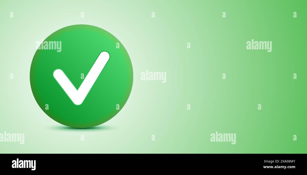 Un grande cerchio verde con un segno di spunta bianco, posizionato su uno sfondo sfumato verde chiaro, che simboleggia la conferma o l'approvazione, banner vettoriale con spazio di copia. Illustrazione Vettoriale