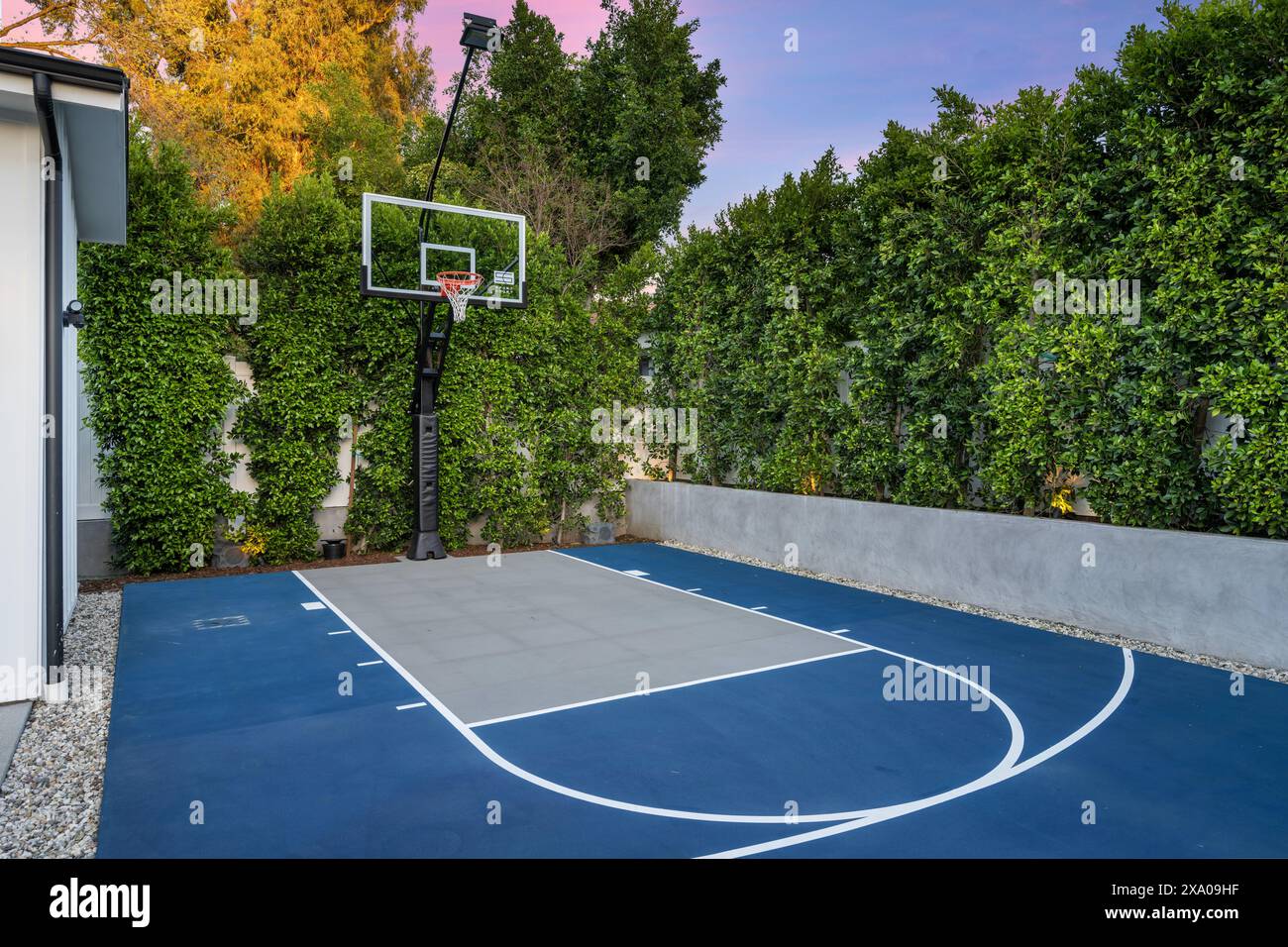 Campo da pallacanestro all'aperto con alberi, cespugli e recinzione. Foto Stock