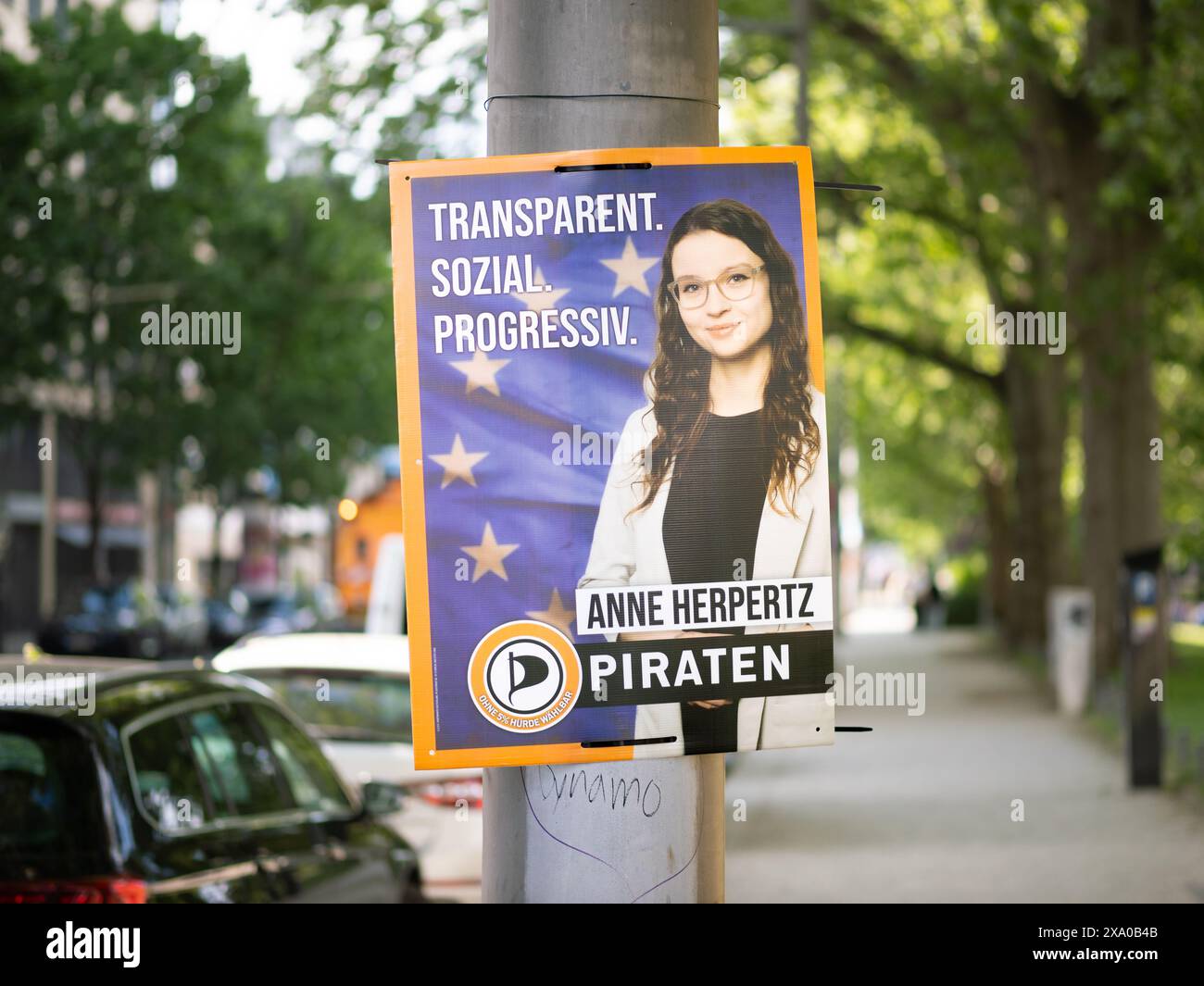 Partito dei pirati (Piratenpartei) manifesto della candidata Anne Herpertz. La giovane donna vuole entrare a far parte del parlamento europeo. Foto Stock