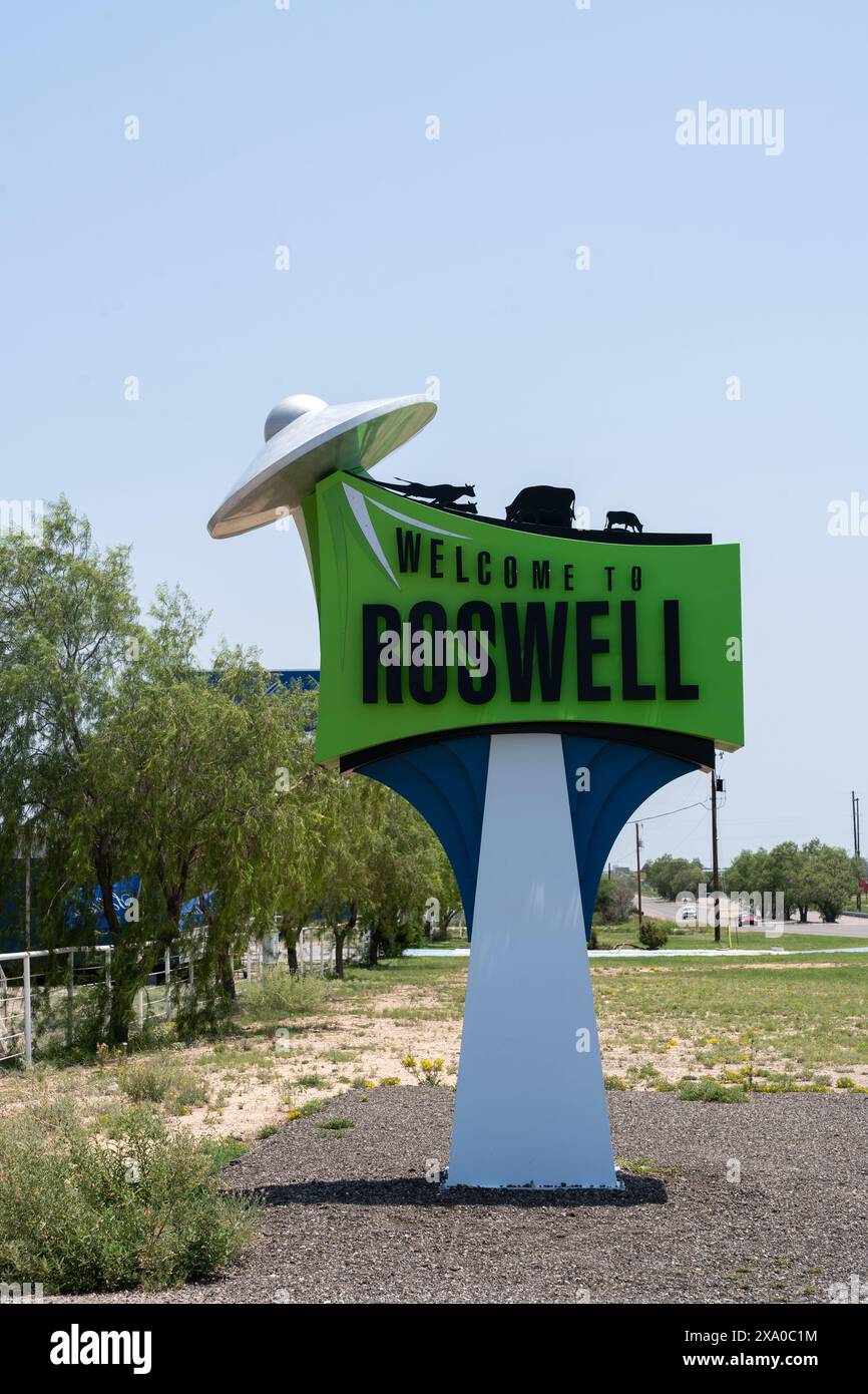 Un cartello benvenuto a Roswell in New Mexico, Stati Uniti Foto Stock