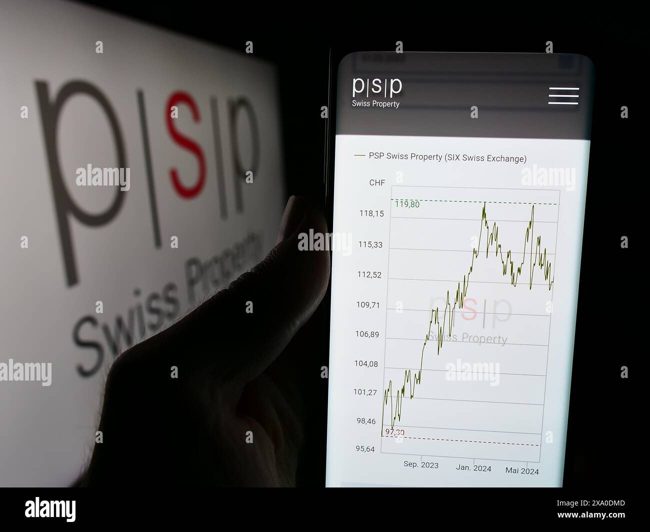 Persona che detiene il cellulare con il sito web della società immobiliare PSP Swiss Property AG davanti al logo aziendale. Messa a fuoco al centro del display del telefono. Foto Stock