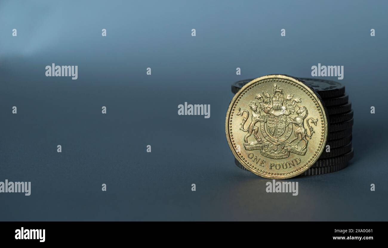 Una moneta britannica da una sterlina su sfondo grigio Foto Stock