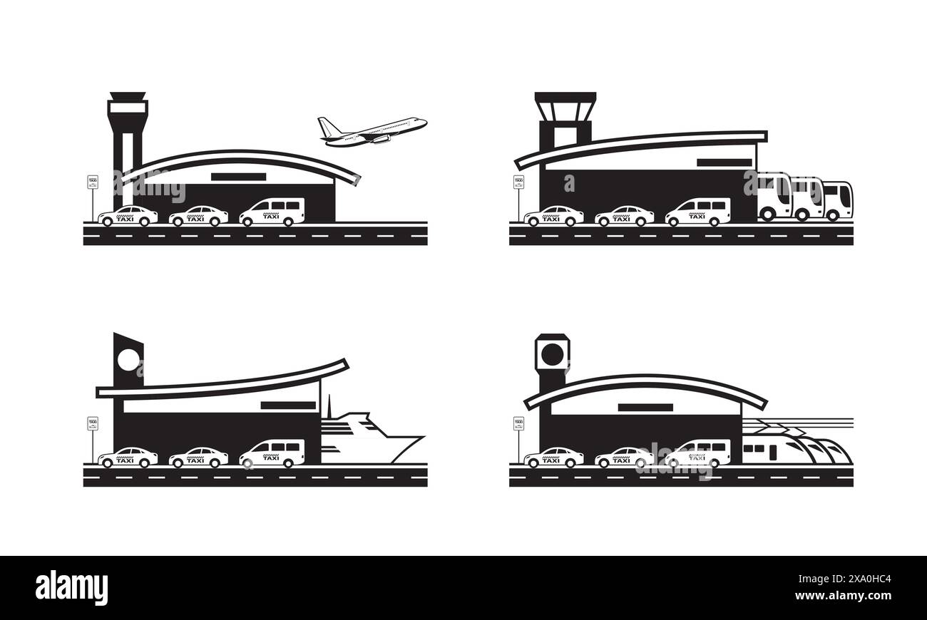 Servizio taxi da e per le stazioni di trasporto - illustrazione vettoriale Illustrazione Vettoriale