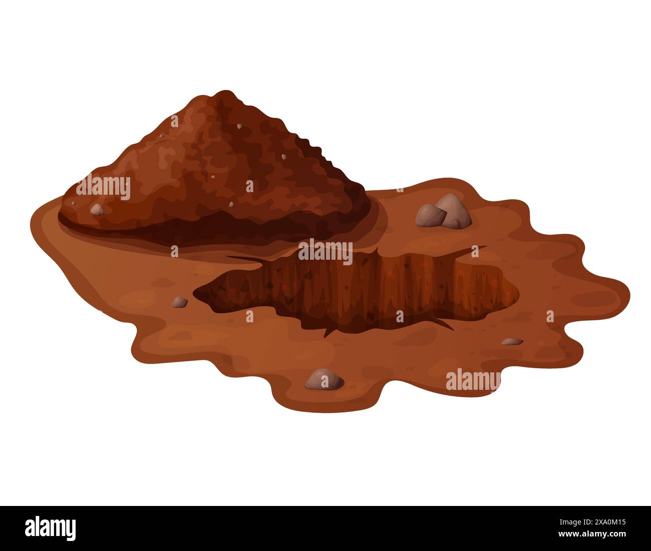 Buca di fossa nel cartone animato con pietre e terreno. Scavo sotterraneo sporco o miniera, tana, mucchio. Illustrazione vettoriale isolata su sfondo bianco Illustrazione Vettoriale