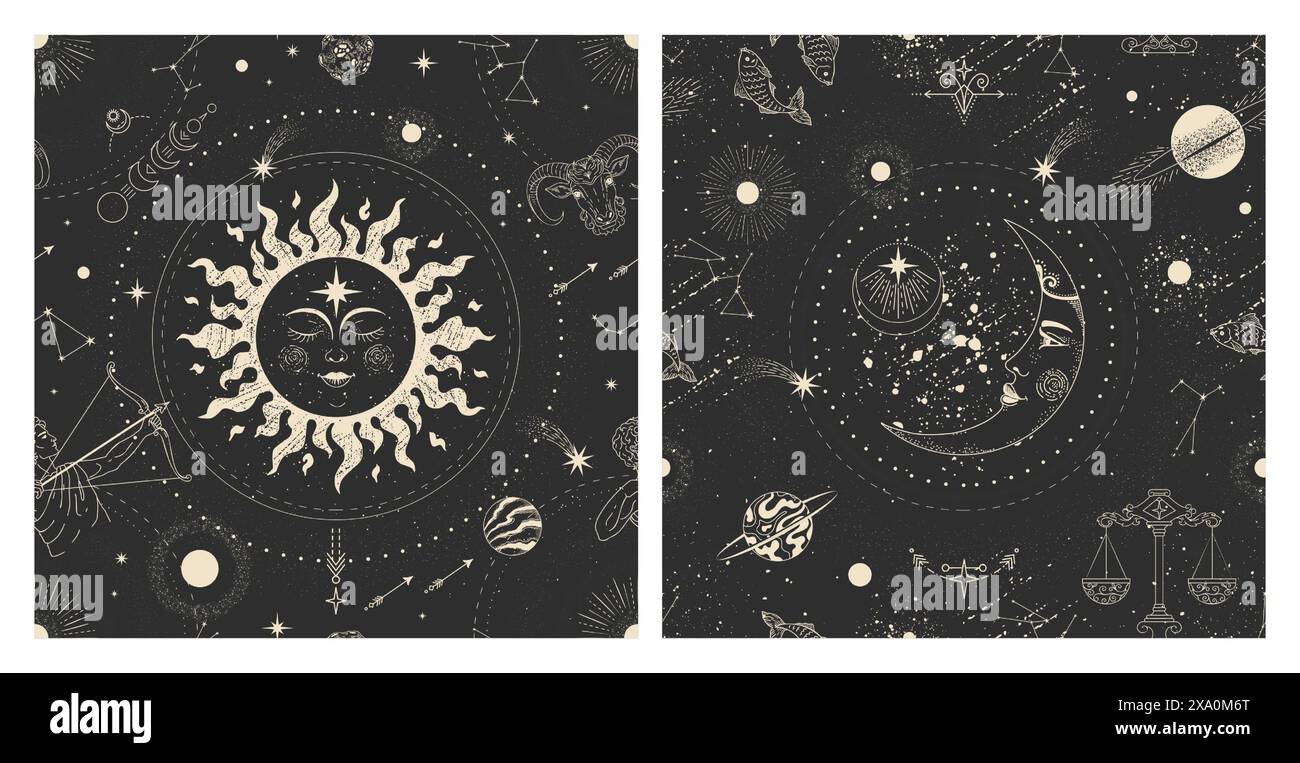 Schemi astrologici. Alchimia di luna, stella e sole e pianeti celesti della galassia, schizzo mistico del cosmo esoterico. Coperchio quadrato occulto. Mistero della stregoneria bo Illustrazione Vettoriale